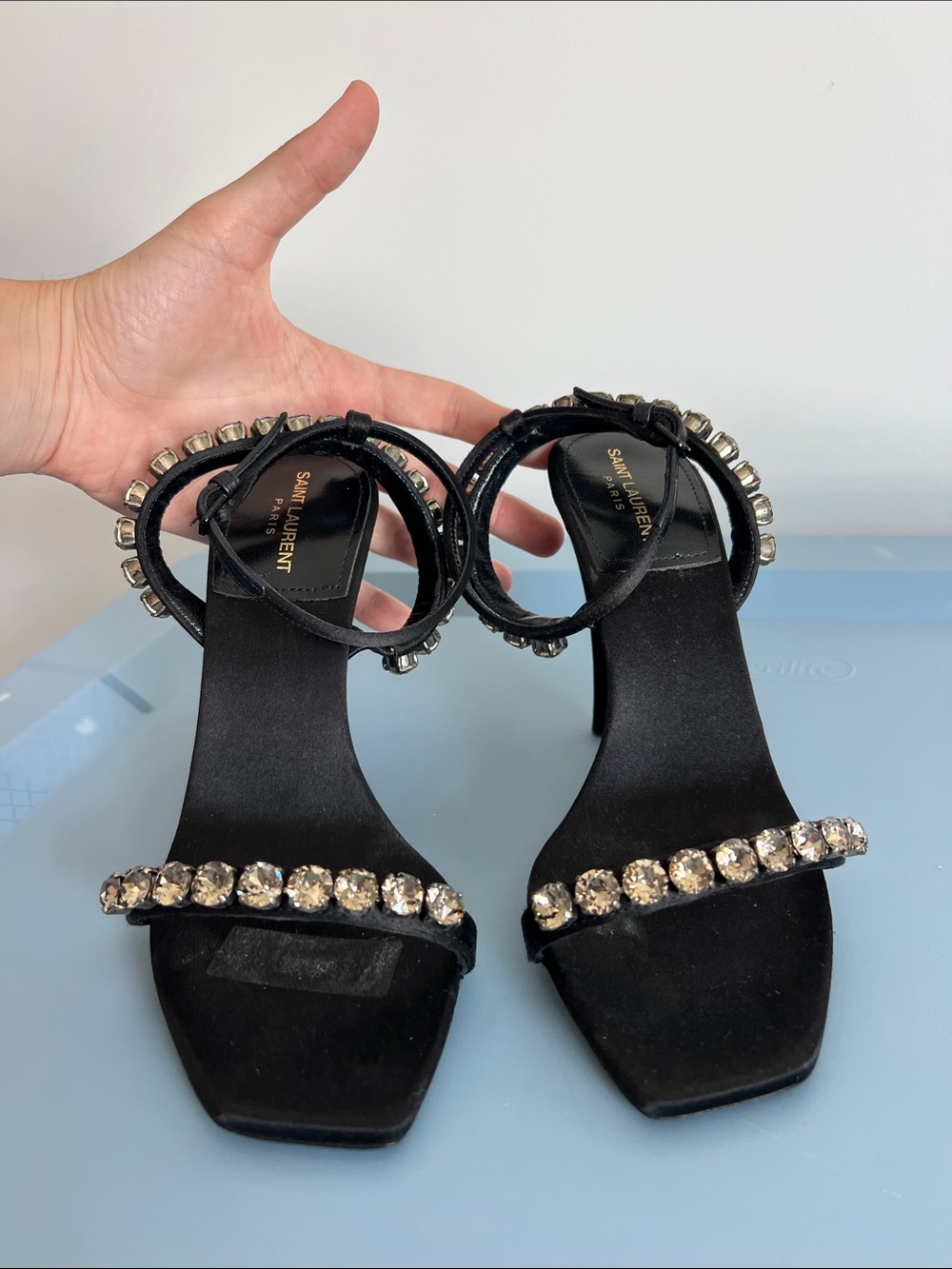 Saint Laurent Paris black and crystal embellished open toe sandals strappy heels - Picture 5 of 12